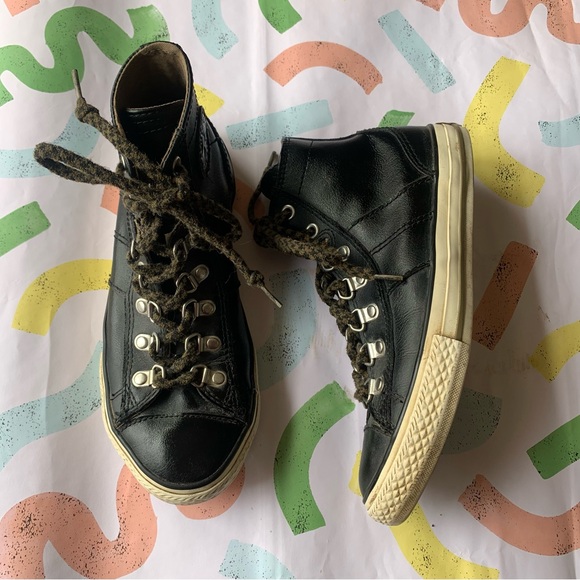 Converse Black Leather Hightop Hiking Punk Sneakers - Picture 2 of 8